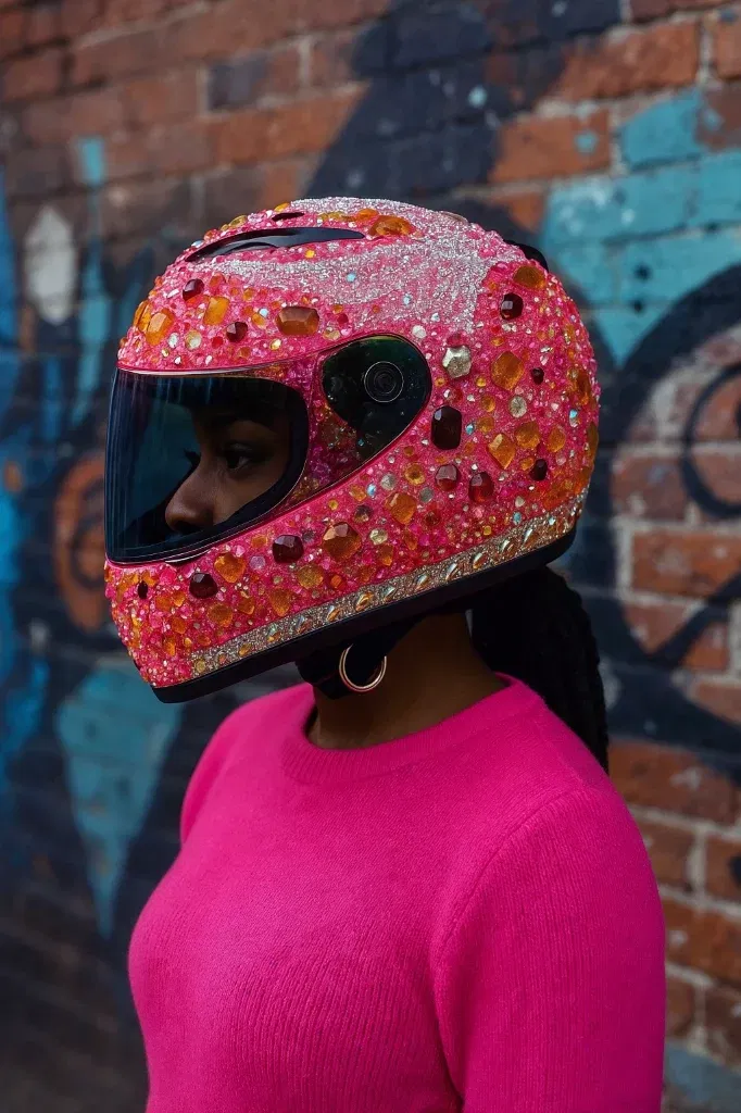 Rider wearing a pink and orange crystal embellished motorcycle helmet